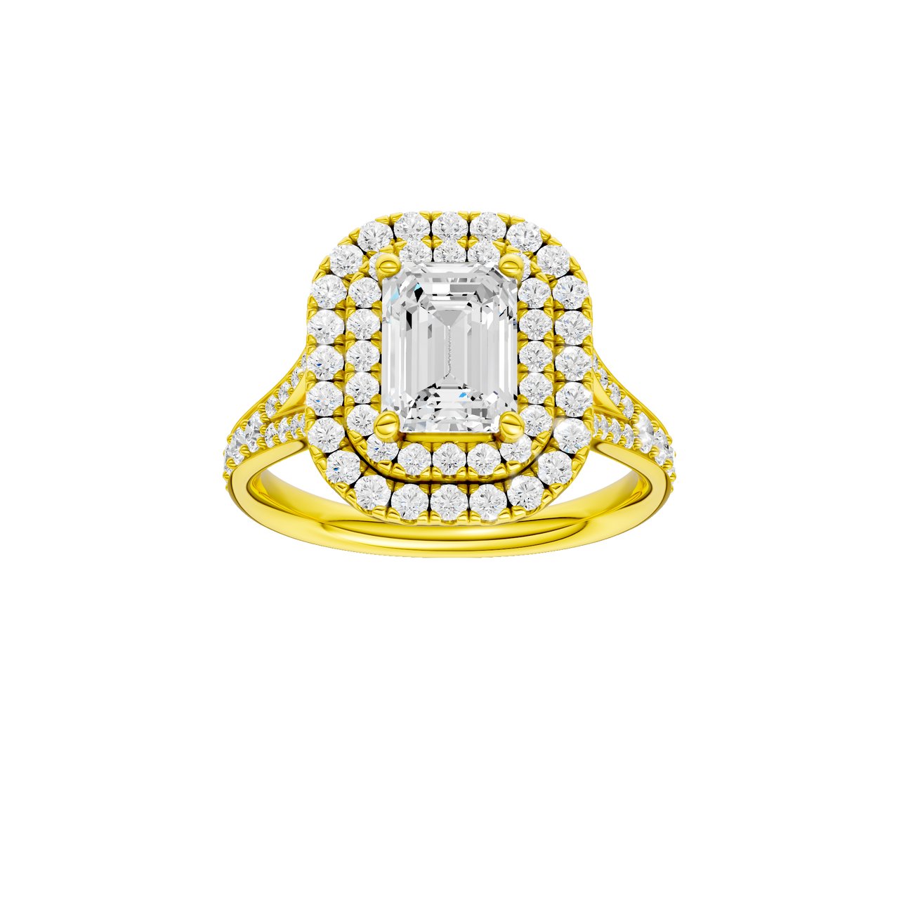 A front view of the Emerald cut diamond engagement ring in 14k yellow gold with a channel band and double halo setting