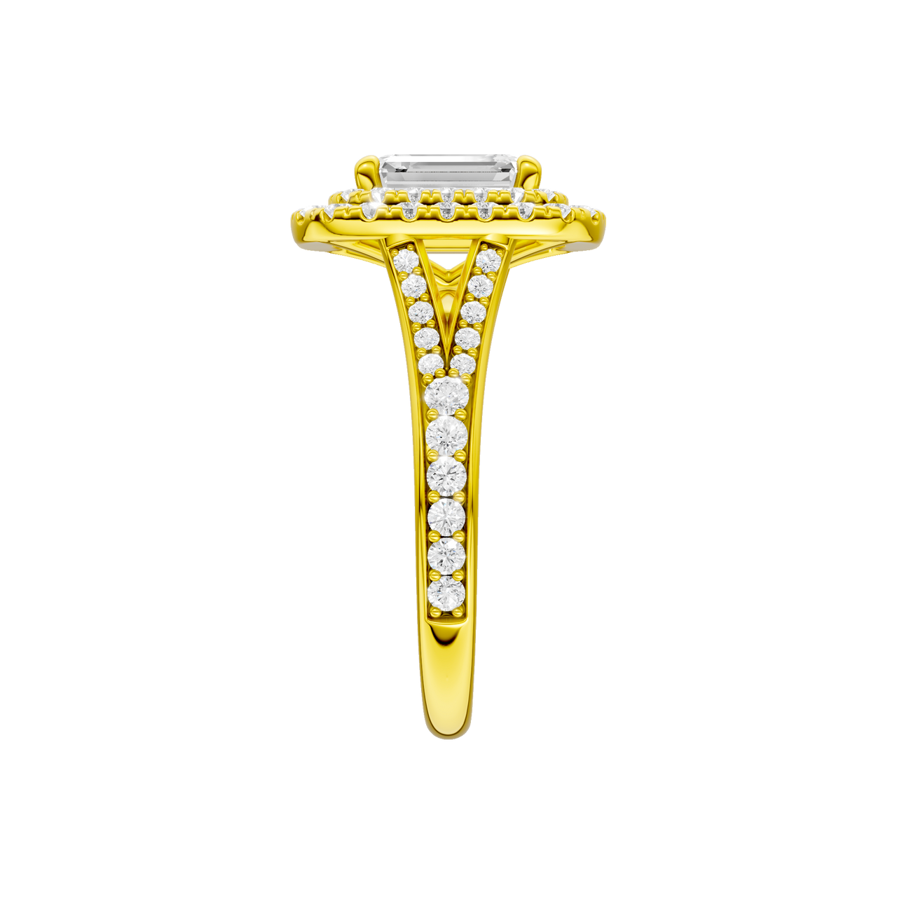 A side view of the Emerald cut diamond engagement ring in 14k yellow gold with a channel band and double halo setting