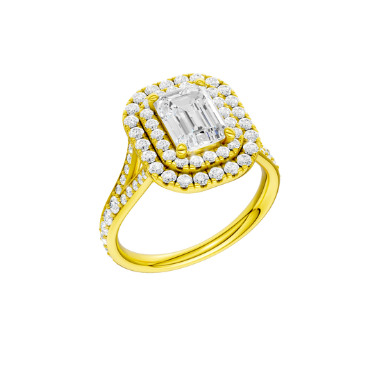 A three-quarter view of the Emerald cut diamond engagement ring in 14k yellow gold with a channel band and double halo setting