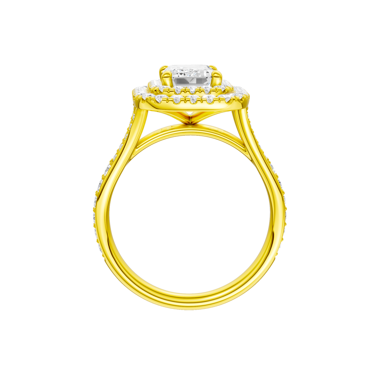 A profile view of the Emerald cut diamond engagement ring in 14k yellow gold with a channel band and double halo setting
