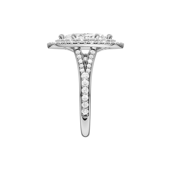 A  side view of the Marquise cut diamond engagement ring in platinum with a diamond channel band and split setting