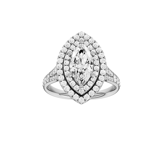 A front view of the Marquise cut diamond engagement ring in 14k white gold with a diamond channel band and split setting