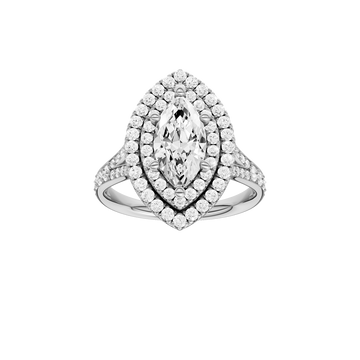 A front view of the Marquise cut diamond engagement ring in 14k white gold with a diamond channel band and split setting