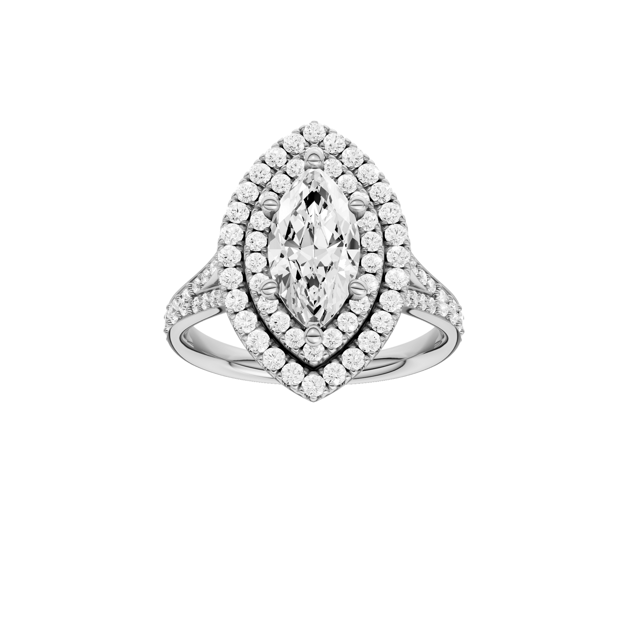 A  front view of the Marquise cut diamond engagement ring in platinum with a diamond channel band and split setting