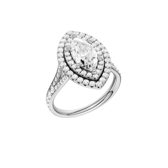A  three-quarter view of the Marquise cut diamond engagement ring in 14k white gold with a diamond channel band and split setting