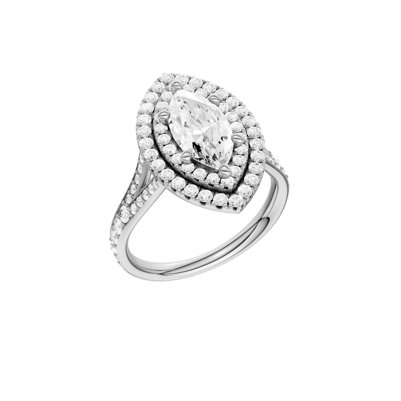 A  three-quarter view of the Marquise cut diamond engagement ring in 14k white gold with a diamond channel band and split setting