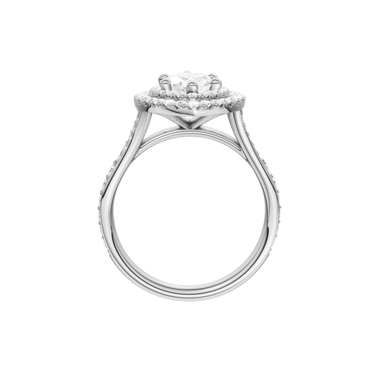 A profile view of the Marquise cut diamond engagement ring in 14k white gold with a diamond channel band and split setting
