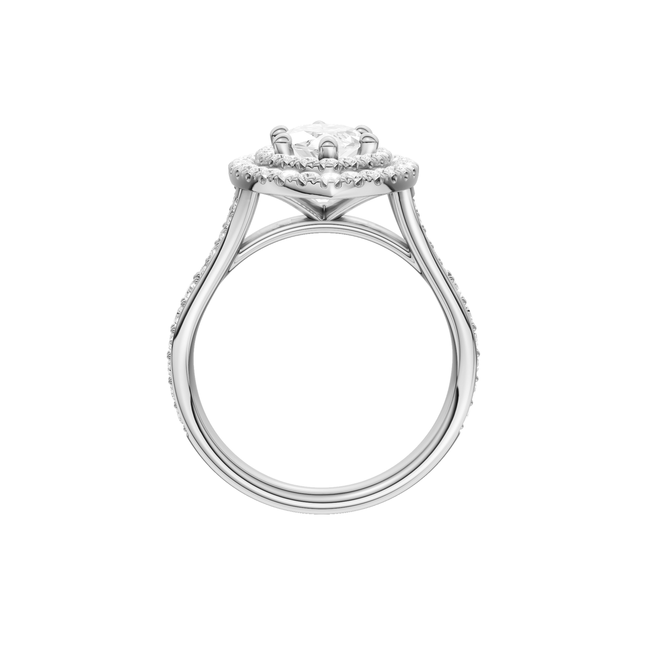 A profile view of the Marquise cut diamond engagement ring in 14k white gold with a diamond channel band and split setting