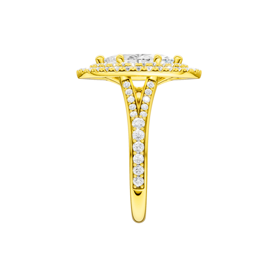 A side view of the Marquise cut diamond engagement ring in 14k yellow gold with a diamond channel band and split setting