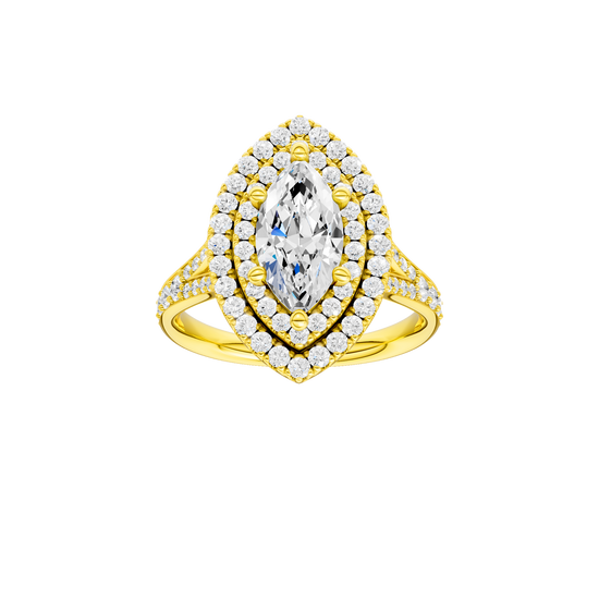 A front view of the Marquise cut diamond engagement ring in 14k yellow gold with a diamond channel band and split setting