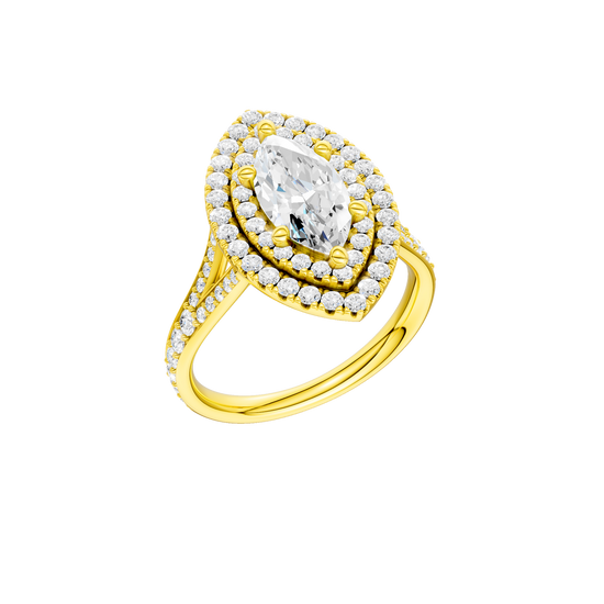 A  three-quarter view of the Marquise cut diamond engagement ring in 14k yellow gold with a diamond channel band and split setting