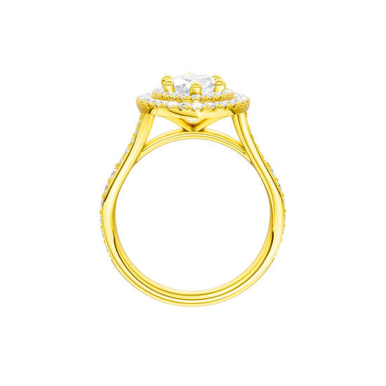 A profile view of the Marquise cut diamond engagement ring in 14k yellow gold with a diamond channel band and split setting
