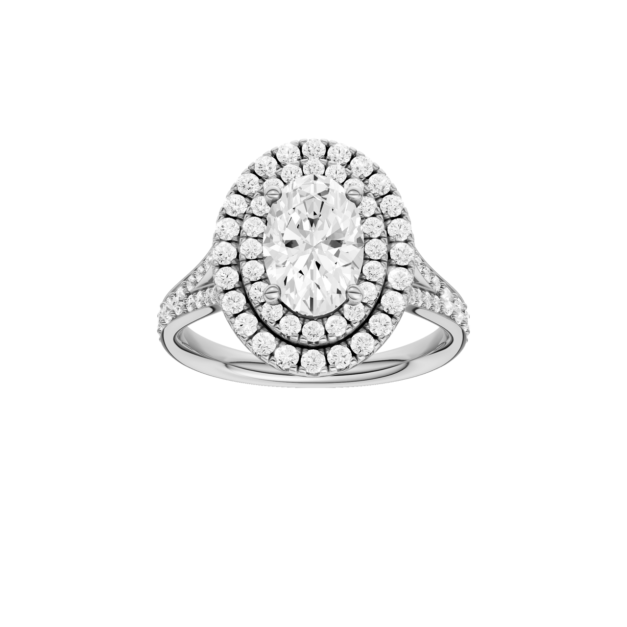 A front view of the Oval cut diamond engagement ring in 14k white gold with a channel band and double halo setting