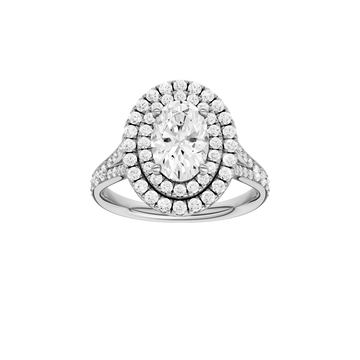 A front view of the Oval cut diamond engagement ring in 14k white gold with a channel band and double halo setting
