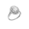 A three-quarter view of the Oval cut diamond engagement ring in 14k white gold with a channel band and double halo setting