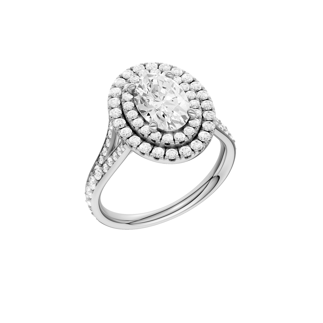 A three-quarter view of the Oval cut diamond engagement ring in 14k white gold with a channel band and double halo setting