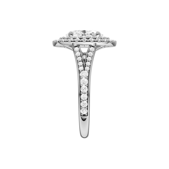 A side view of the Oval cut diamond engagement ring in platinum with a channel band and double halo setting