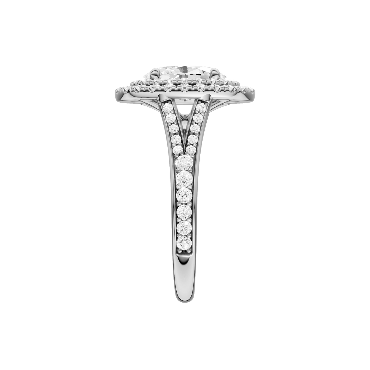 A side view of the Oval cut diamond engagement ring in platinum with a channel band and double halo setting