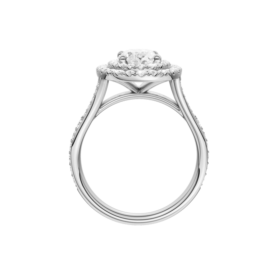 A profile view of the Oval cut diamond engagement ring in 14k white gold with a channel band and double halo setting