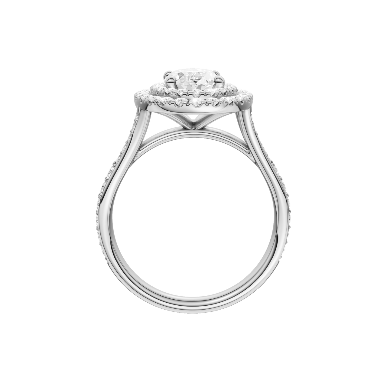 A profile view of the Oval cut diamond engagement ring in 14k white gold with a channel band and double halo setting