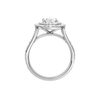 A profile view of the Oval cut diamond engagement ring in platinum with a channel band and double halo setting