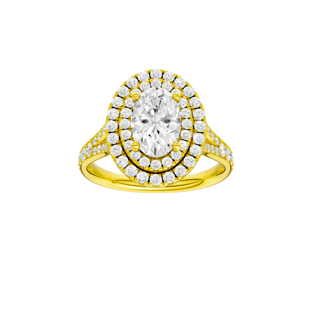 A front view of the Oval cut diamond engagement ring in 14k yellow gold with a channel band and double halo setting