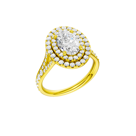 A three-quarter view of the Oval cut diamond engagement ring in 14k yellow gold with a channel band and double halo setting