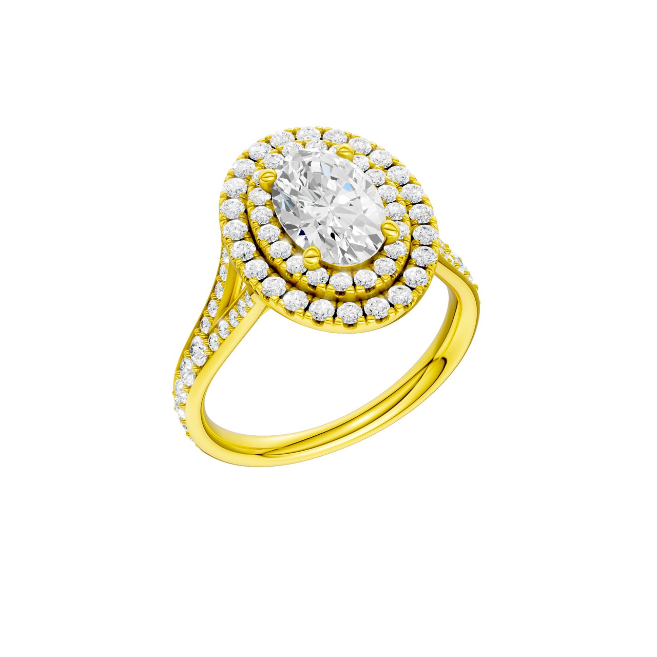 A three-quarter view of the Oval cut diamond engagement ring in 14k yellow gold with a channel band and double halo setting
