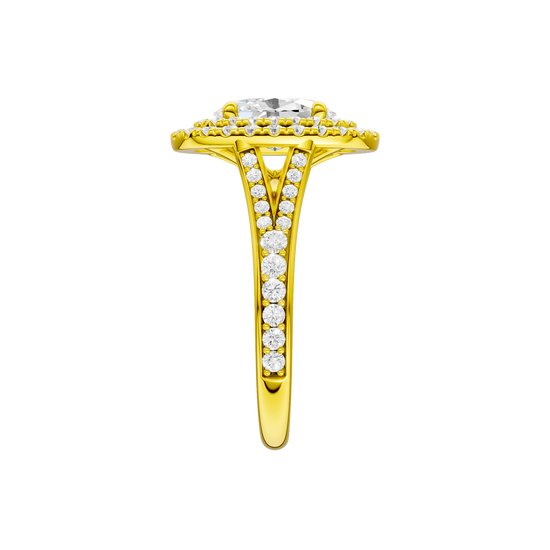 A side view of the Oval cut diamond engagement ring in 14k yellow gold with a channel band and double halo setting