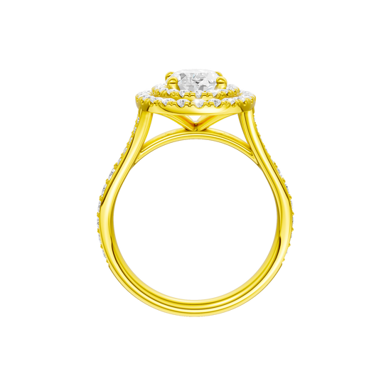 A profile view of the Oval cut diamond engagement ring in 14k yellow gold with a channel band and double halo setting