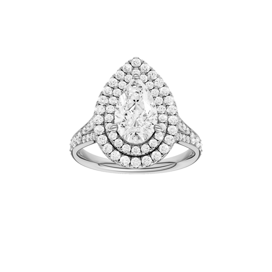 A front view of the Pear cut diamond engagement ring in platinum with a channel band and double halo setting