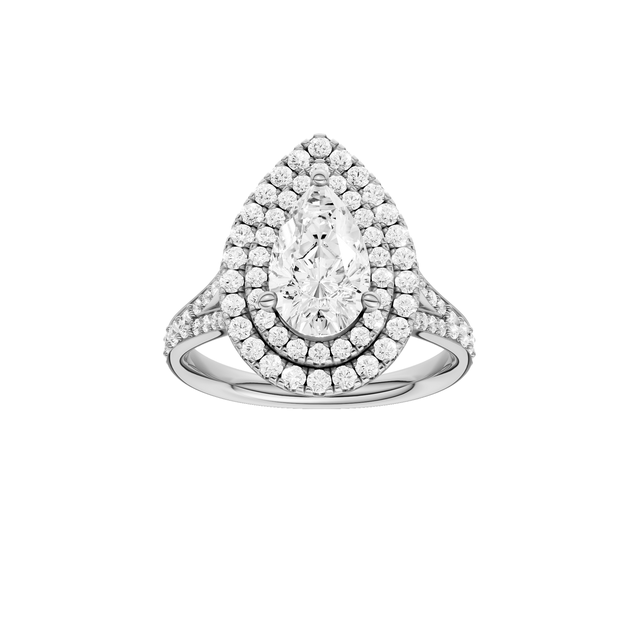 A front view of the Pear cut diamond engagement ring in platinum with a channel band and double halo setting