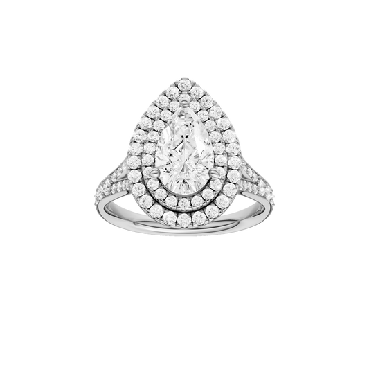 A front view of the Pear cut diamond engagement ring in 14k white gold with a channel band and double halo setting