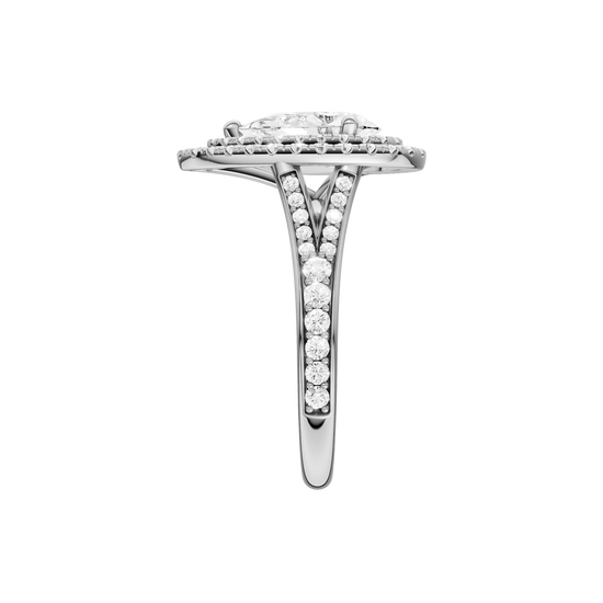 A side view of the Pear cut diamond engagement ring in 14k white gold with a channel band and double halo setting