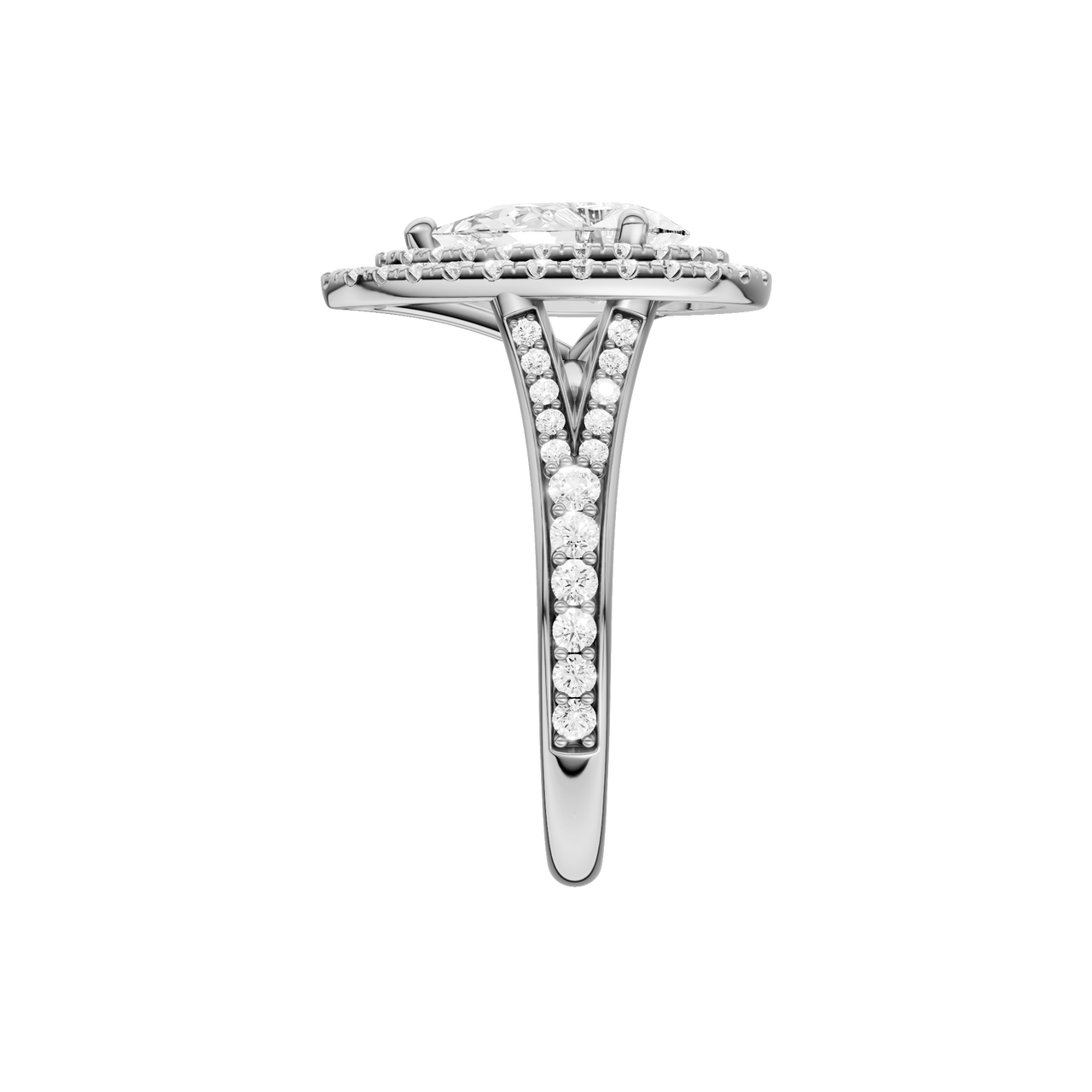 A side view of the Pear cut diamond engagement ring in platinum with a channel band and double halo setting