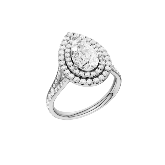 A three-quarter view of the Pear cut diamond engagement ring in 14k white gold with a channel band and double halo setting
