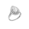 A three-quarter view of the Pear cut diamond engagement ring in platinum with a channel band and double halo setting