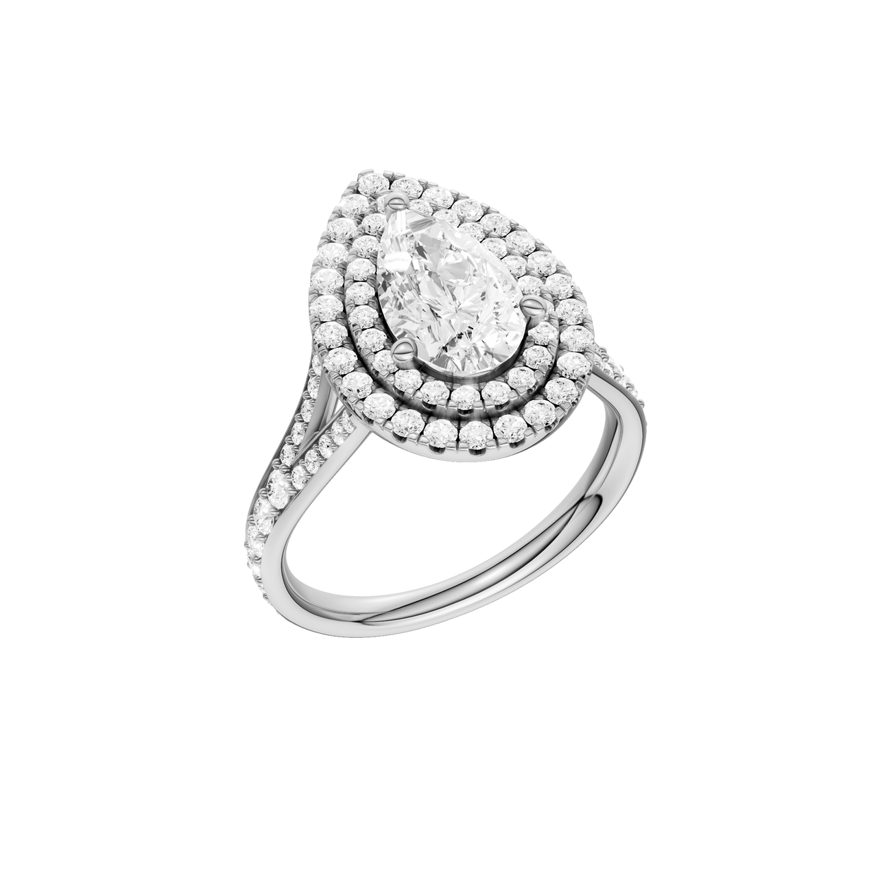 A three-quarter view of the Pear cut diamond engagement ring in platinum with a channel band and double halo setting