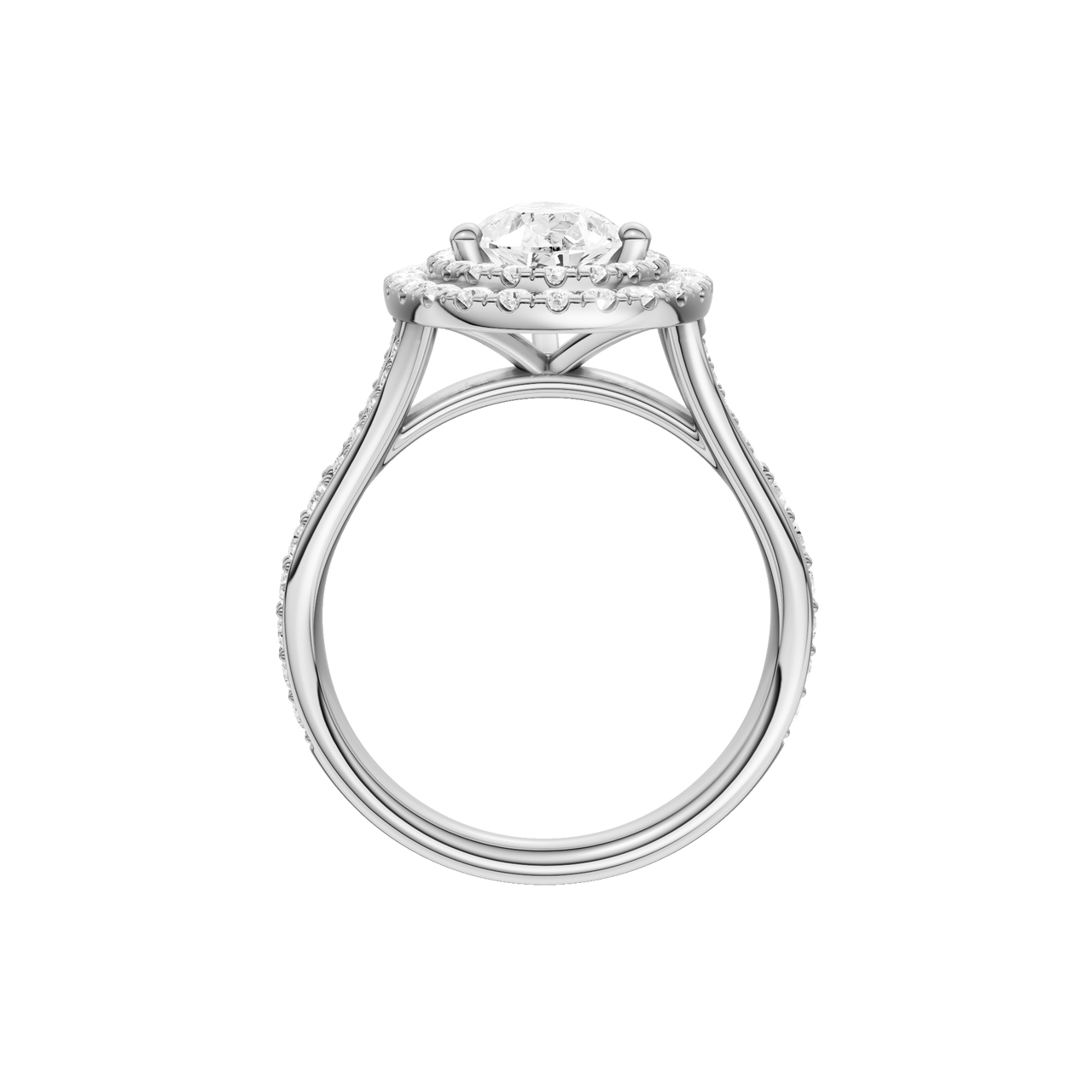 A profile view of the Pear cut diamond engagement ring in 14k white gold with a channel band and double halo setting