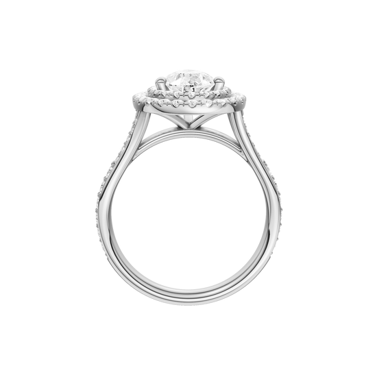 A profile view of the Pear cut diamond engagement ring in platinum with a channel band and double halo setting