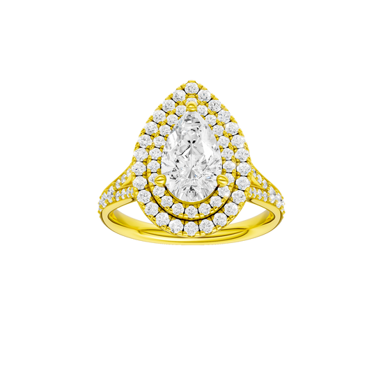 A front view of the Pear cut diamond engagement ring in 14k yellow gold with a channel band and double halo setting