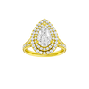 A front view of the Pear cut diamond engagement ring in 14k yellow gold with a channel band and double halo setting