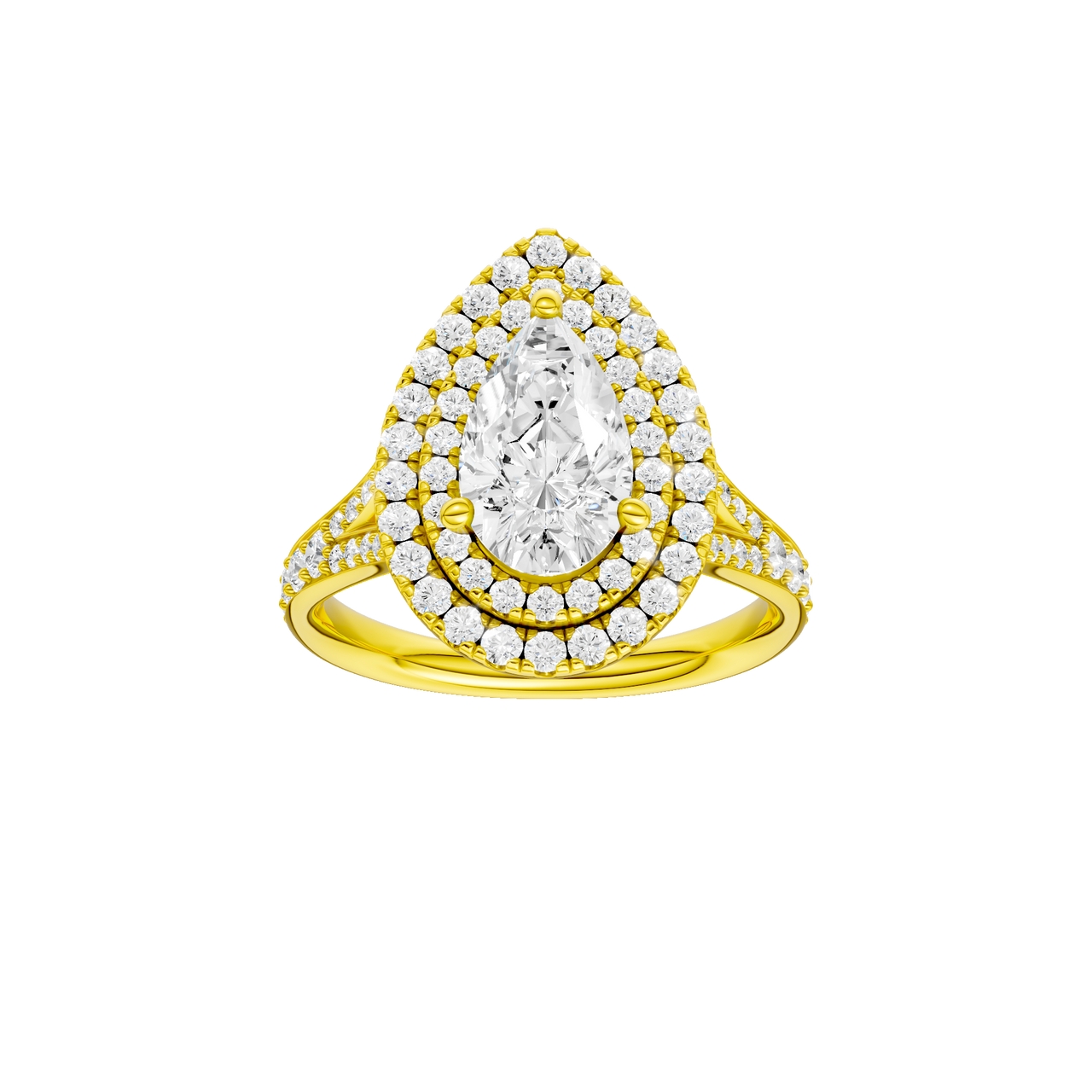 A front view of the Pear cut diamond engagement ring in 14k yellow gold with a channel band and double halo setting