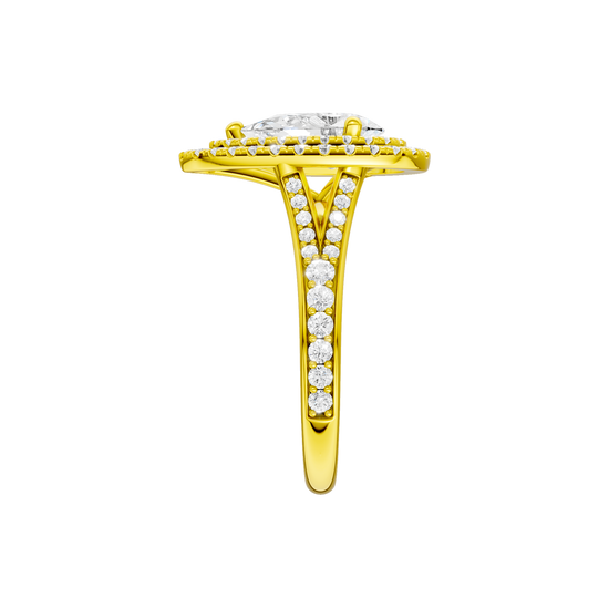 A side view of the Pear cut diamond engagement ring in 14k yellow gold with a channel band and double halo setting