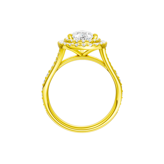 A profile view of the Pear cut diamond engagement ring in 14k yellow gold with a channel band and double halo setting