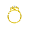 A profile view of the Pear cut diamond engagement ring in 14k yellow gold with a channel band and double halo setting