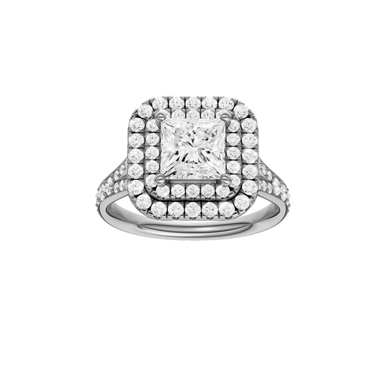 A front view of the Princess cut diamond engagement ring in platinum with a channel band and cathedral setting