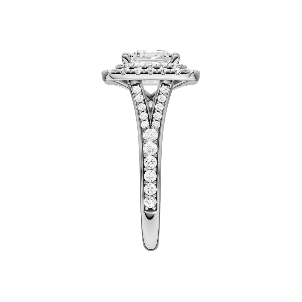 A side view of the Princess cut diamond engagement ring in platinum with a channel band and cathedral setting