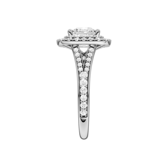 A side view of the Princess cut diamond engagement ring in 14k white gold with a channel band and cathedral setting