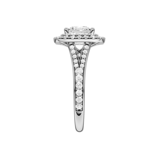 A side view of the Princess cut diamond engagement ring in 14k white gold with a channel band and cathedral setting